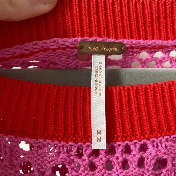 FREE PEOPLE ‘Home Run’ Pink and Red Crochet Sweater with Balloon Sleeves - Picture 5 of 6